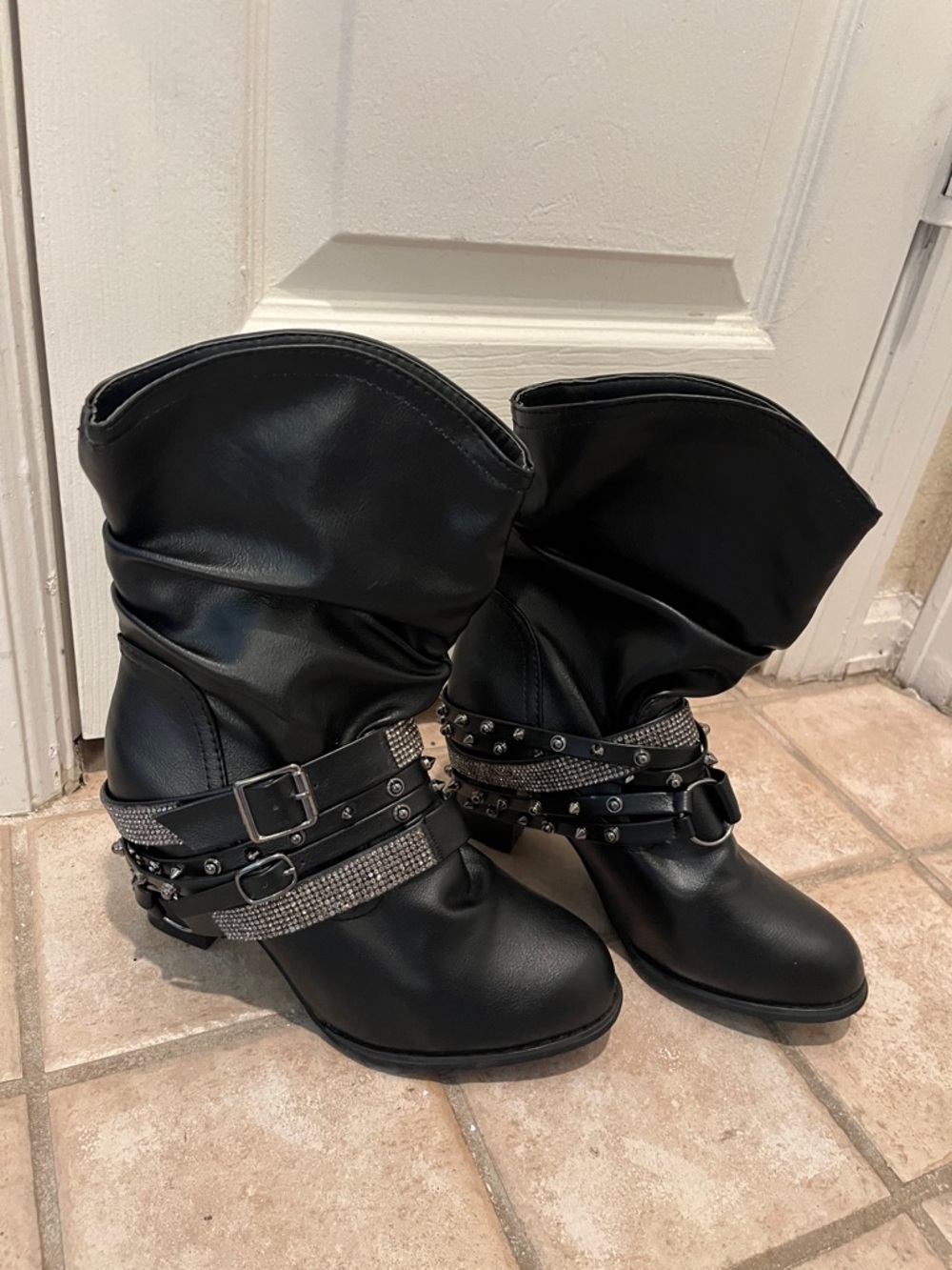 Black Studded and Rhinestone Mid-Calf Boots - Women